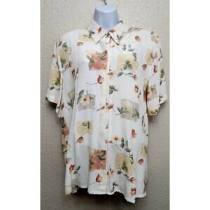 Vintage Alfred Dunner Cream Green Floral Print Hidden Button Top 16 Lightweight